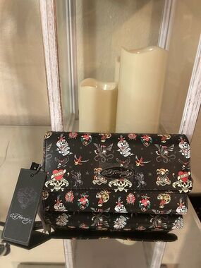 Ed Hardy Black Tattoo-Print Foldover Wallet